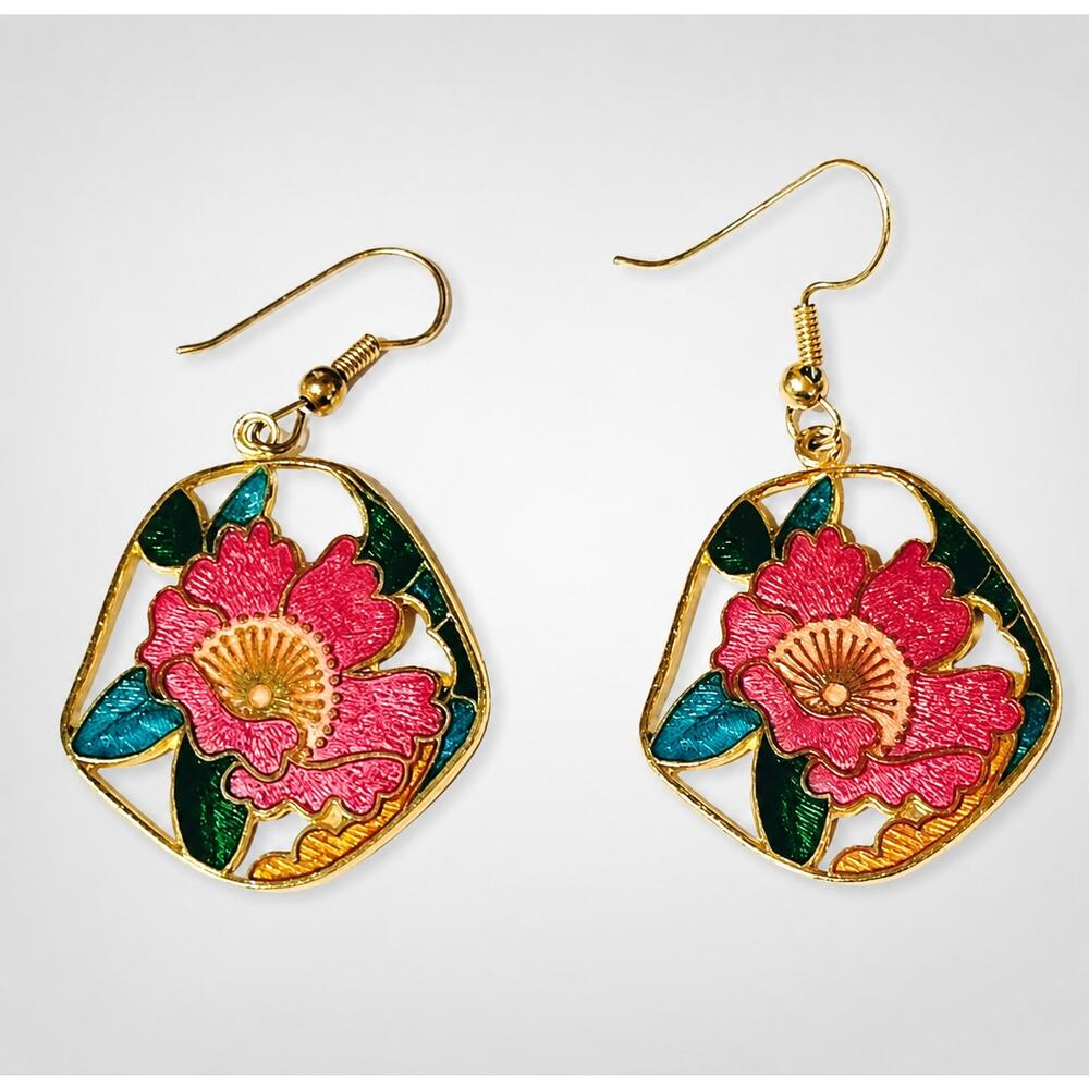 Vintage Cloisonne Pierced Earrings Pink Tropical Flower Dangle‎ 2" Boho rp-14